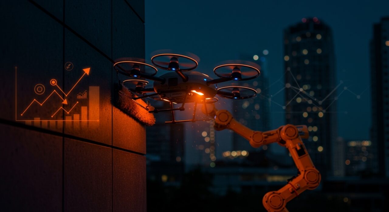 Drone de limpieza automática en acción destacando innovación, financiación y tecnología en startups de automatización.