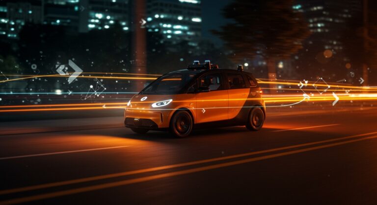 Robotaxi Lunar de Lucid Motors en movimiento urbano nocturno, destacando la movilidad autónoma y la innovación en vehículos eléctricos autónomos en 2026.