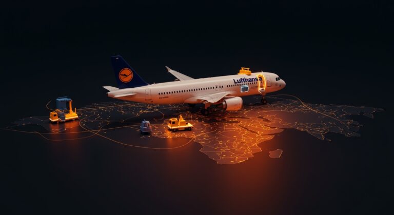 Avión de Lufthansa en vuelo europeo con representación visual de ahorro de costes y limpieza ligera optimizando operaciones de aerolínea.