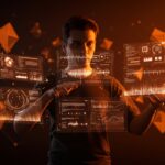 Fundador tech interactuando con agentes creativos IA unificados en un flujo autónomo, representando Luma AI y la innovación en startups.