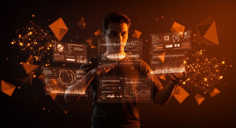 Fundador tech interactuando con agentes creativos IA unificados en un flujo autónomo, representando Luma AI y la innovación en startups.