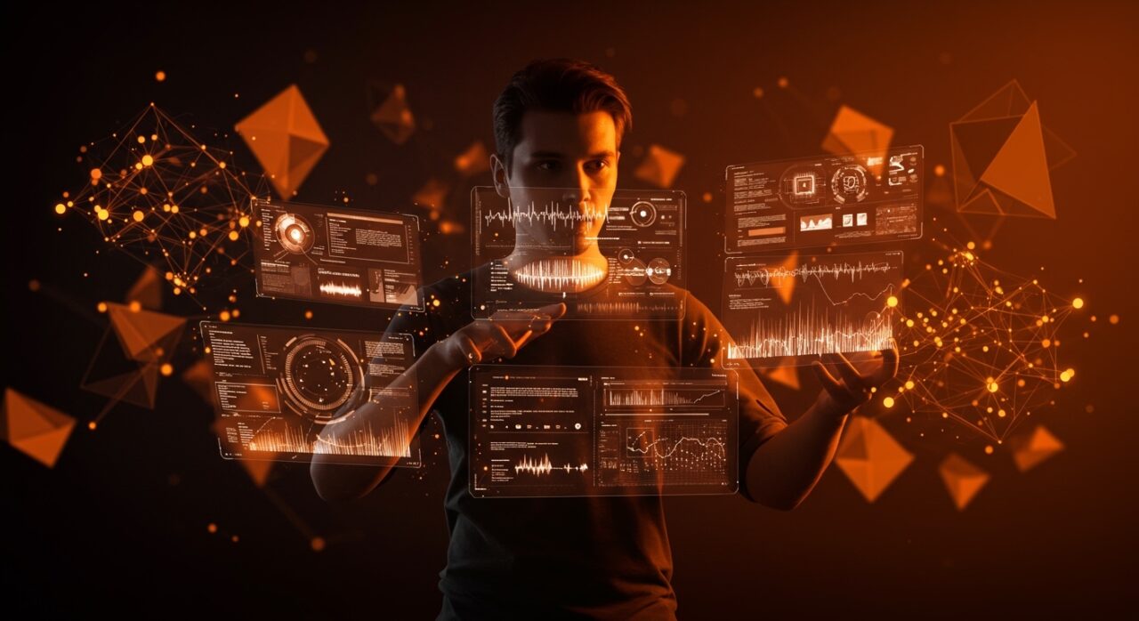 Fundador tech interactuando con agentes creativos IA unificados en un flujo autónomo, representando Luma AI y la innovación en startups.