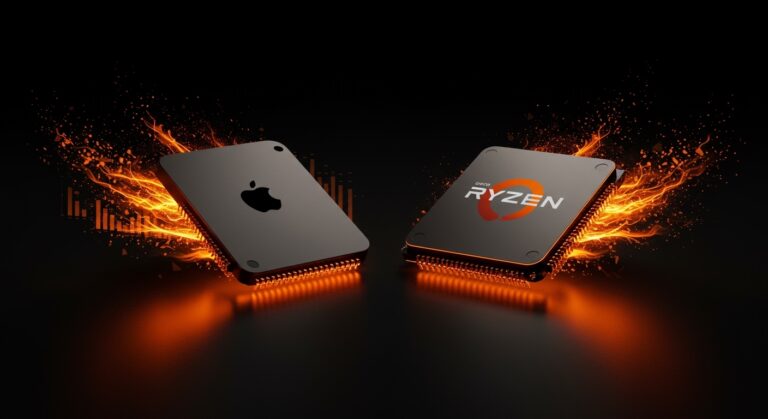 Comparativa visual del Apple M5 Max frente al Ryzen Threadripper 96 núcleos destacando limitaciones del benchmark Geekbench 6 en rendimiento hardware de alta densidad.