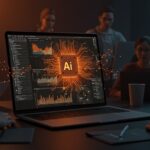 MacBook Air M5 en un entorno de startup con visualizaciones de inteligencia artificial y elementos que representan hardware avanzado y colaboración tecnológica.