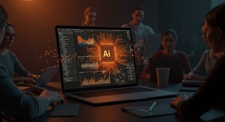 MacBook Air M5 en un entorno de startup con visualizaciones de inteligencia artificial y elementos que representan hardware avanzado y colaboración tecnológica.