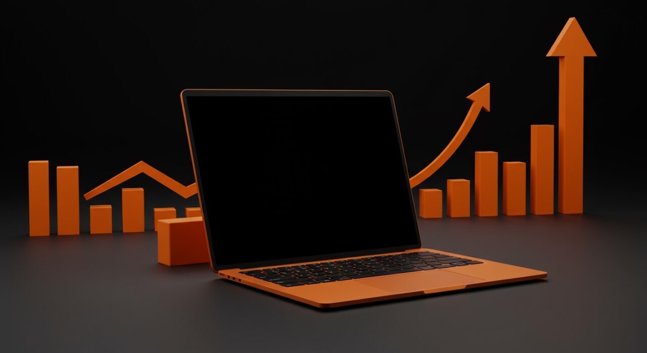 MacBook Neo 2026 destacado en luz naranja y negro, simbolizando laptop económica y tendencias del mercado tecnológico.