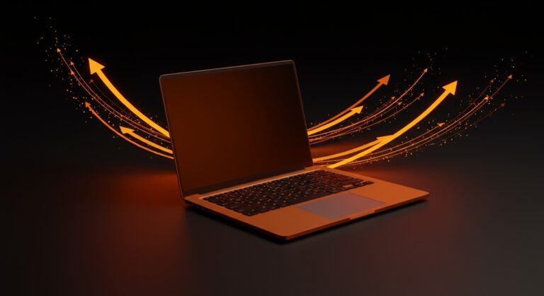 MacBook Neo de Apple iluminado en tonos naranja y negro representando la transición tecnológica ARM y la innovación en hardware para startups.