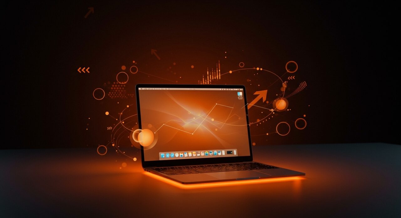 MacBook Neo con chip Apple A18 Pro destacado en ambiente moderno con iluminación naranja y negra, simbolizando tecnología económica para startups.