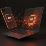 MacBook Neo con chip A18 Pro destacando la potencia del iPhone como computadora en una estética tecnológica y moderna.