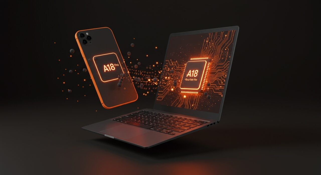 MacBook Neo con chip A18 Pro destacando la potencia del iPhone como computadora en una estética tecnológica y moderna.