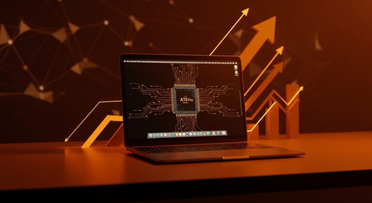 MacBook Neo con chip A18 Pro iluminado en tonos naranja y negro, simbolizando innovación tecnológica y competencia con Chromebooks en el mercado startup.