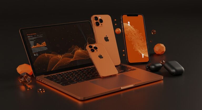 Dispositivos Apple MacBook Neo, iPhone 17e y AirPods Max 2 en un entorno tecnológico con iluminación naranja y negra, destacando las novedades Apple marzo 2026 para startups en LATAM.