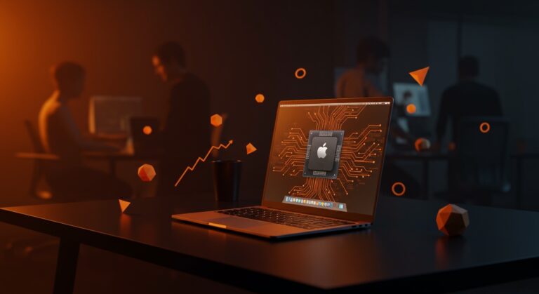 MacBook Neo con chip Apple A18 Pro en entorno startup, destacando laptop económica y tecnología avanzada para founders.