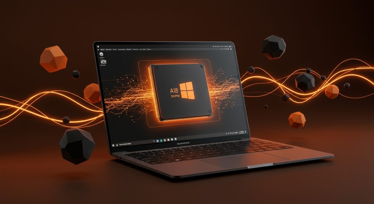 MacBook Neo con chip A18 Pro ejecutando Windows 11 en máquina virtual con Parallels, destacando virtualización y rendimiento en ecosistema startup.