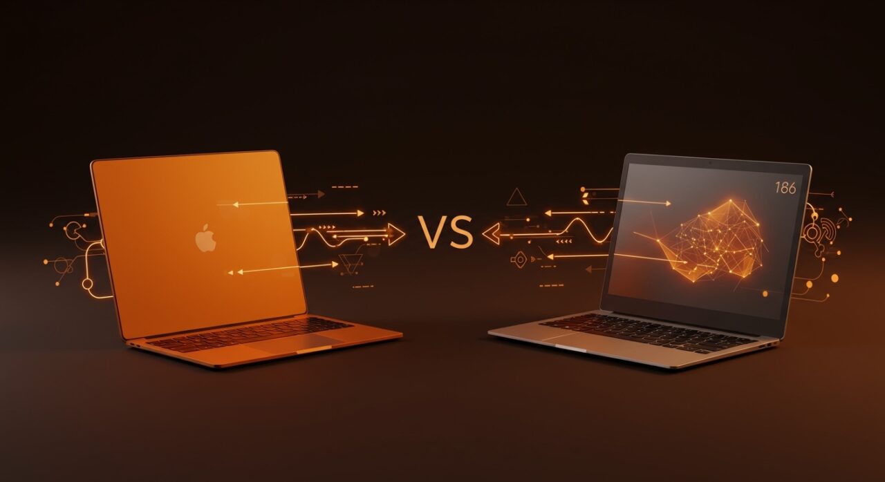Comparativa visual entre MacBook Neo y portátiles Windows destacando hardware, autonomía y ecosistema para usuarios avanzados y founders.