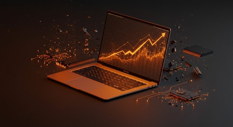 MacBook Pro M5 en primer plano con efectos visuales que representan escasez global de RAM y aumento de precios en tecnología AI.