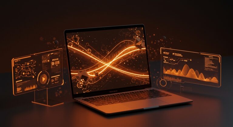 MacBook Pro M5 Pro 16 pulgadas sobre escritorio tecnológico con visualizaciones de IA local, Fusion Architecture y conectividad Wi-Fi 7 en paleta naranja y negro.