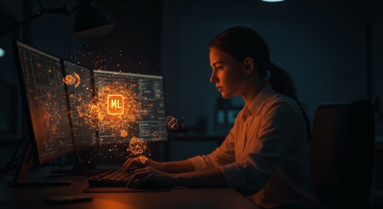 Ingeniera de software trabajando con patrones de machine learning y redes neuronales en un entorno tecnológico avanzado.