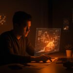 Fundamentos de machine learning para founders mostrados con árboles de decisión holográficos y metáforas visuales de modelos predictivos en startups tech de LATAM.