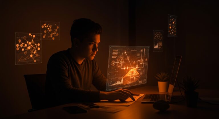 Fundamentos de machine learning para founders mostrados con árboles de decisión holográficos y metáforas visuales de modelos predictivos en startups tech de LATAM.