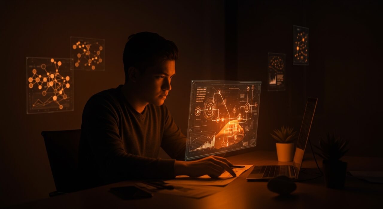 Fundamentos de machine learning para founders mostrados con árboles de decisión holográficos y metáforas visuales de modelos predictivos en startups tech de LATAM.