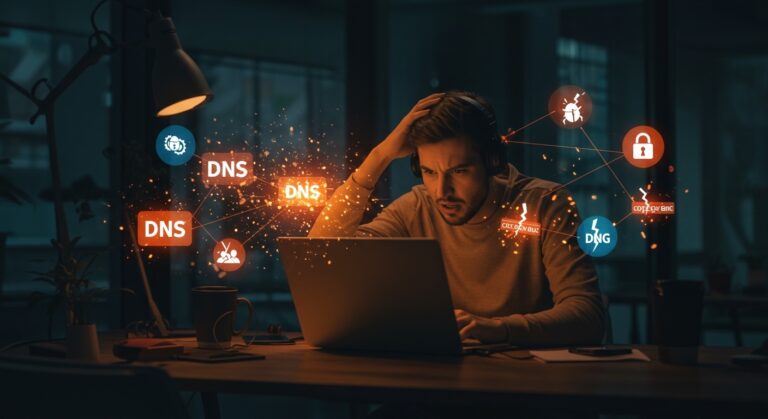 Bug técnico en DNS custom de macOS 26 afecta desarrollo local, mostrando desarrollador y conexiones digitales fragmentadas.