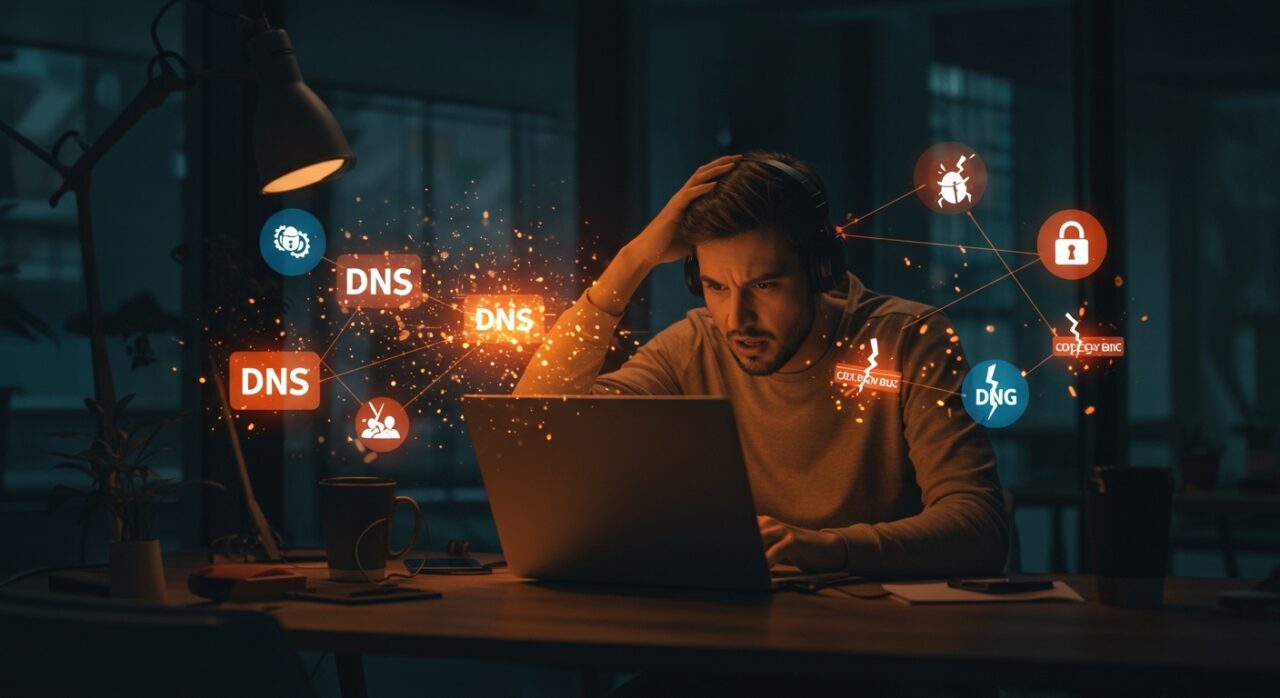 Bug técnico en DNS custom de macOS 26 afecta desarrollo local, mostrando desarrollador y conexiones digitales fragmentadas.