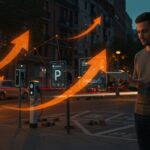 Escena urbana en Madrid con ampliación de zona SER y movilidad sostenible, destacando tecnologías smart cities y startups innovadoras.