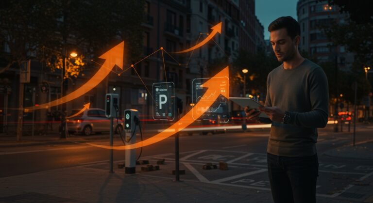 Escena urbana en Madrid con ampliación de zona SER y movilidad sostenible, destacando tecnologías smart cities y startups innovadoras.