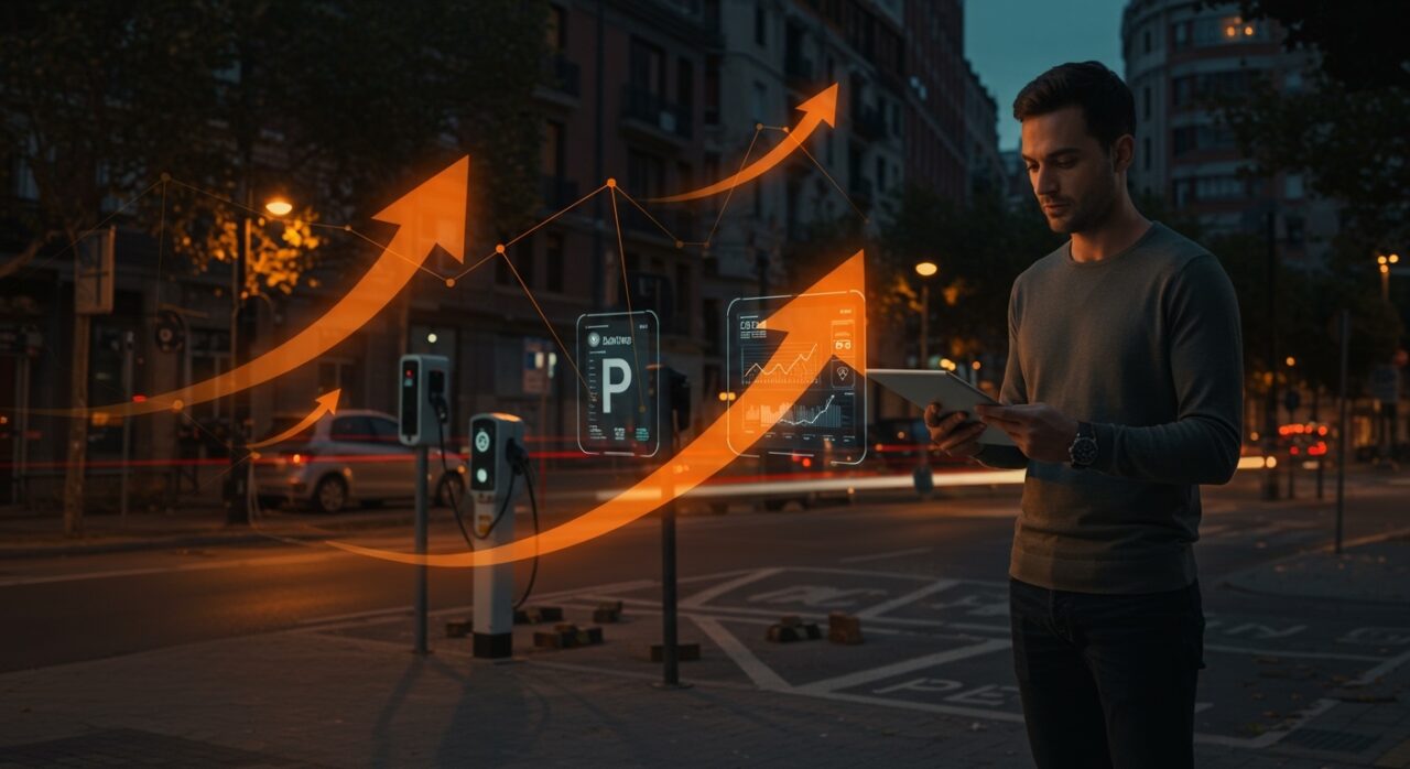 Escena urbana en Madrid con ampliación de zona SER y movilidad sostenible, destacando tecnologías smart cities y startups innovadoras.