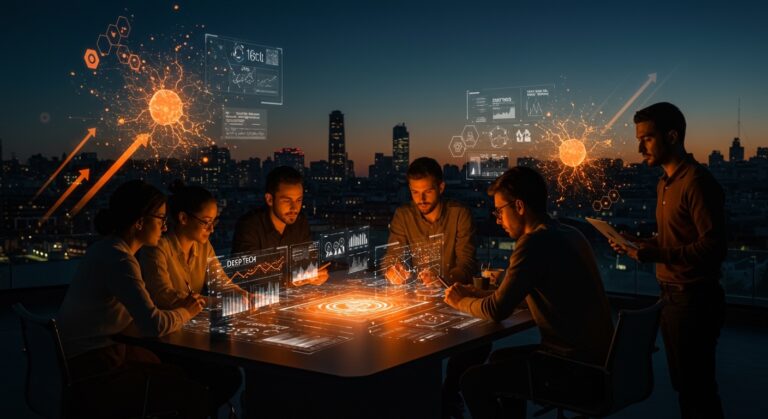 Convocatoria de ayudas para startups DeepTech en Madrid, representando innovación tecnológica y colaboración en el ecosistema startup hispano.