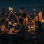 Emprendedores latinoamericanos colaborando en IA y fintech con el paisaje de Madrid, representando programas de softlanding y Puentes de Talento en el ecosistema startup.