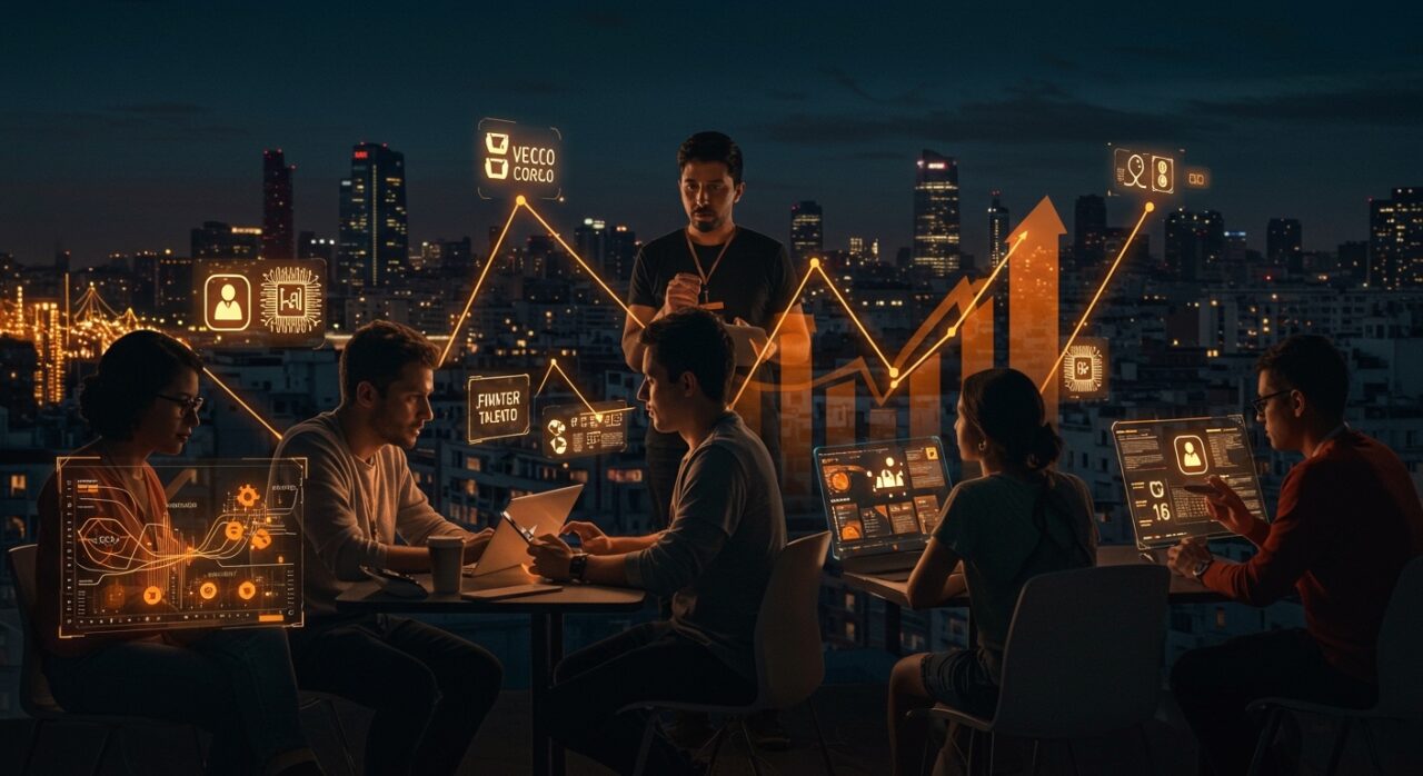 Emprendedores latinoamericanos colaborando en IA y fintech con el paisaje de Madrid, representando programas de softlanding y Puentes de Talento en el ecosistema startup.