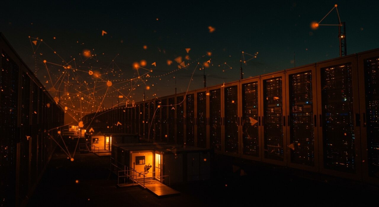 Centro de datos de IA con man camps iluminados, ilustrando alojamiento para trabajadores y el boom de infraestructura tecnológica en 2026.