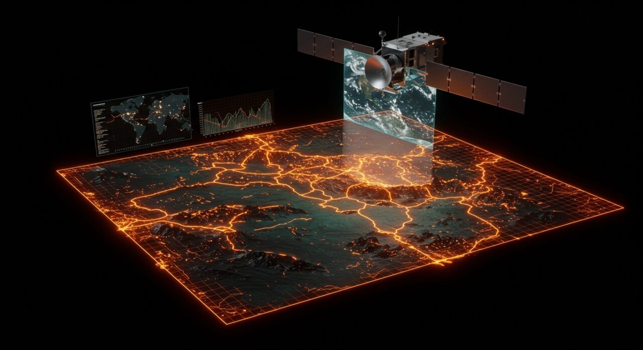 Mapa 3D del fondo oceánico generado con tecnología NASA SWOT mostrando montañas submarinas y cartografía avanzada para exploración tecnológica y cambio climático.