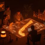 Convocatoria abierta Mapa Fintech Chile 2026 mostrando founders colaborando y ecosistema fintech en crecimiento con tonos naranja y negro.