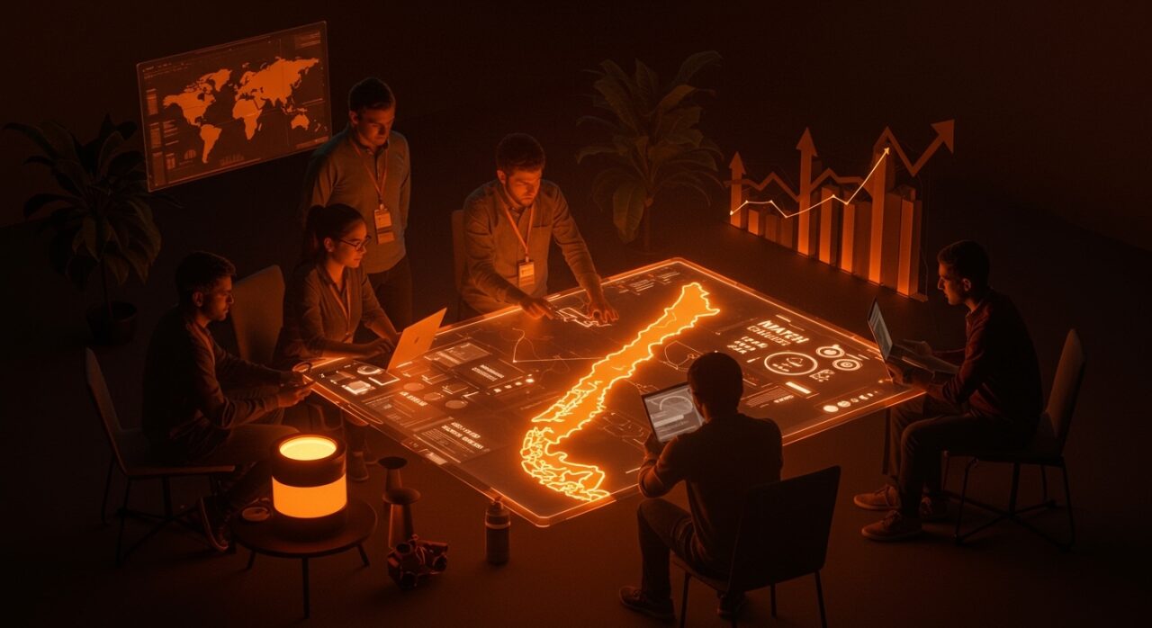 Convocatoria abierta Mapa Fintech Chile 2026 mostrando founders colaborando y ecosistema fintech en crecimiento con tonos naranja y negro.