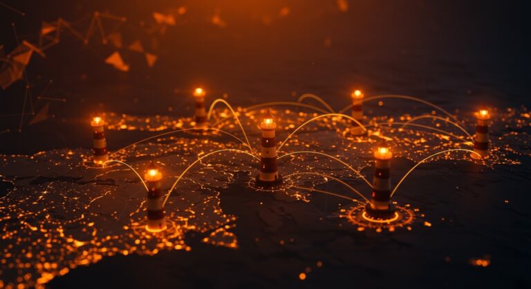 Mapa interactivo de faros del Atlántico Norte resaltando tecnología marítima y visualización de datos abiertos en paleta ecosistema startup.