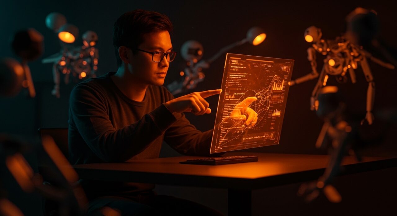 Fundador interactuando con interfaz tecnológica mostrando la relación creativa entre herramientas digitales y la pasión por crear en startups.