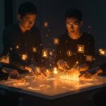 Equipo de marketing fintech colaborando en estrategia de educación financiera y crowdlending en Civislend con elementos visuales de finfluencers y crecimiento escalable.