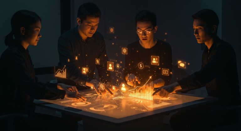 Equipo de marketing fintech colaborando en estrategia de educación financiera y crowdlending en Civislend con elementos visuales de finfluencers y crecimiento escalable.