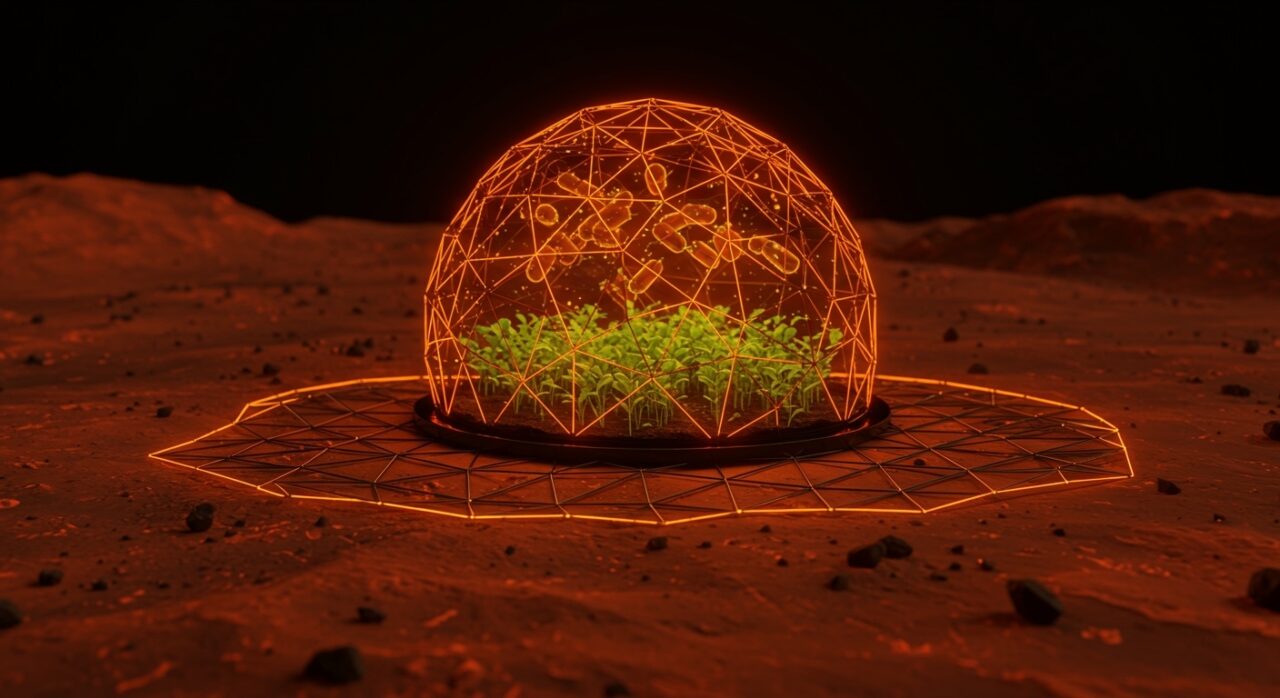 Innovadora agricultura marciana con cianobacterias cultivando plantas en Marte bajo tecnología espacial avanzada.