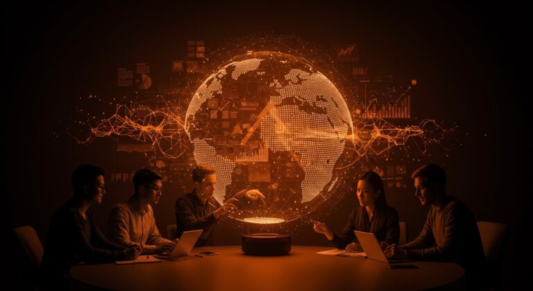 Grupo de emprendedores analizando datos globales de inteligencia artificial con metáforas visuales de tendencias tecnológicas e innovación.