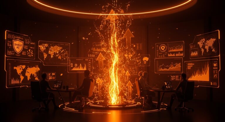 Rondas de financiamiento startup en IA y defensa con gráficos digitales y emprendedores en centro de mando futurista.