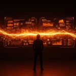 Fundador tech frente a interfaz digital iluminada, representando el impacto del Model Context Protocol en inteligencia artificial y automatización para startups latinoamericanas.