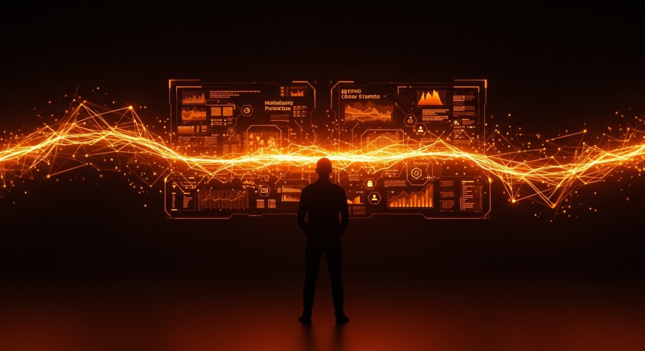 Fundador tech frente a interfaz digital iluminada, representando el impacto del Model Context Protocol en inteligencia artificial y automatización para startups latinoamericanas.