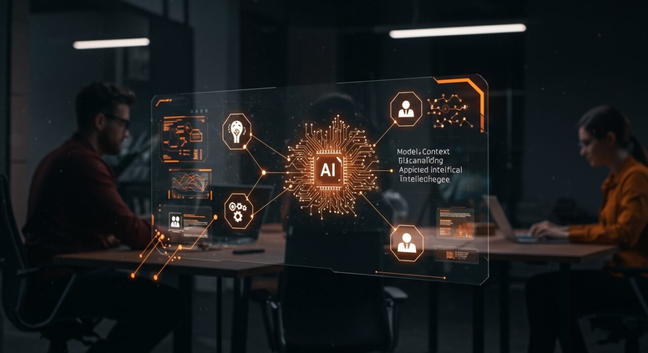 Visualización futurista del Model Context Protocol integrando inteligencia artificial aplicada y automatización en startups y empresas.