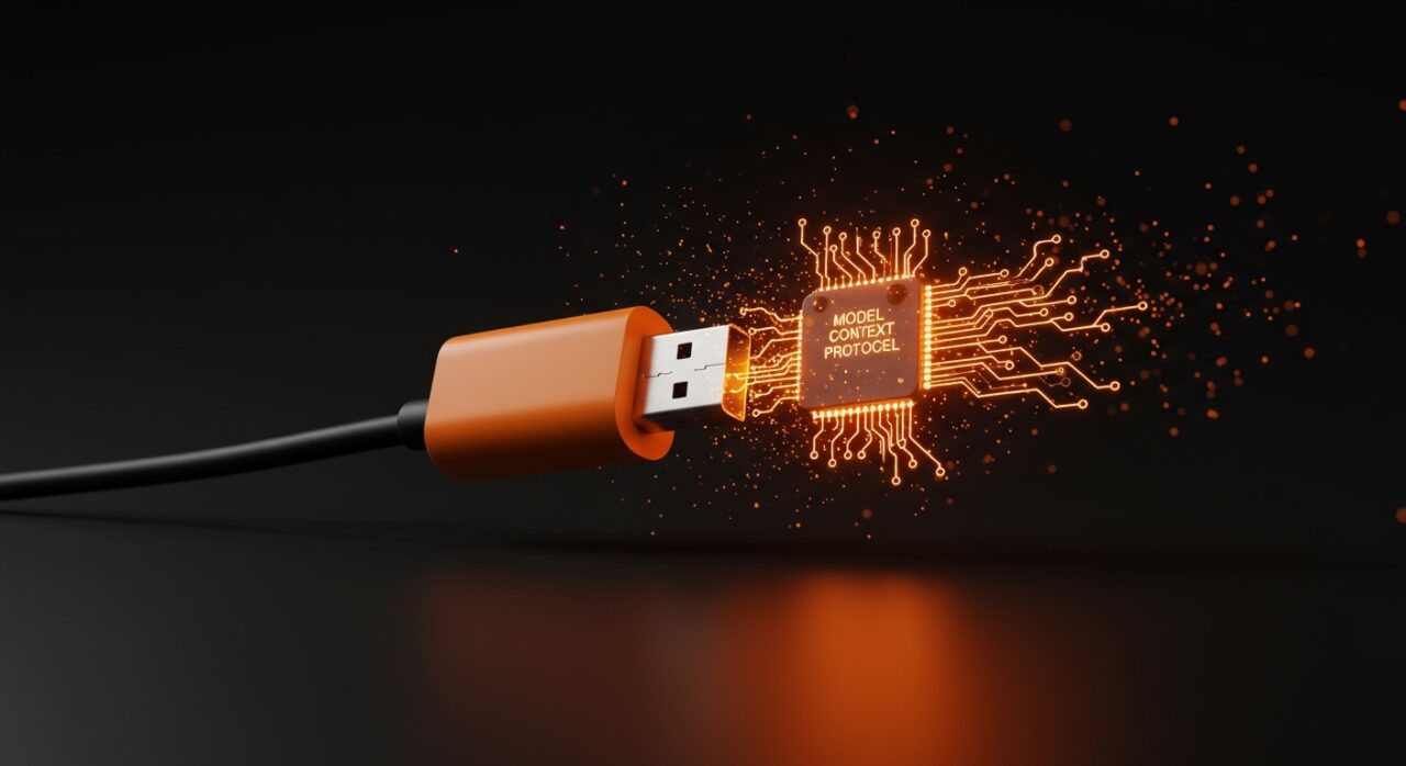 Visualización del Model Context Protocol como una conexión USB-C futurista que integra agentes de inteligencia artificial con software, destacando el funding y la innovación en startups IA.