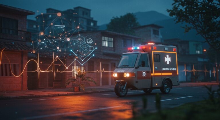 Motoambulancia con IA de MedicApp realizando atención médica domiciliaria en Colombia, destacando innovación en salud y tecnología healthtech en LATAM.