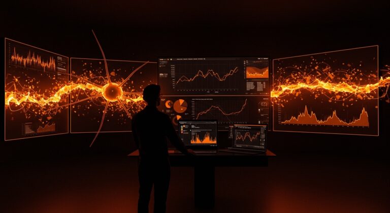 Editorial de medios tecnológicos mostrando pérdida de tráfico orgánico y el impacto de Google AI con metáforas visuales en naranja y negro.